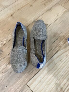 Rothy's Heather Gray Knit Slip-On Loafers with Blue Trim
